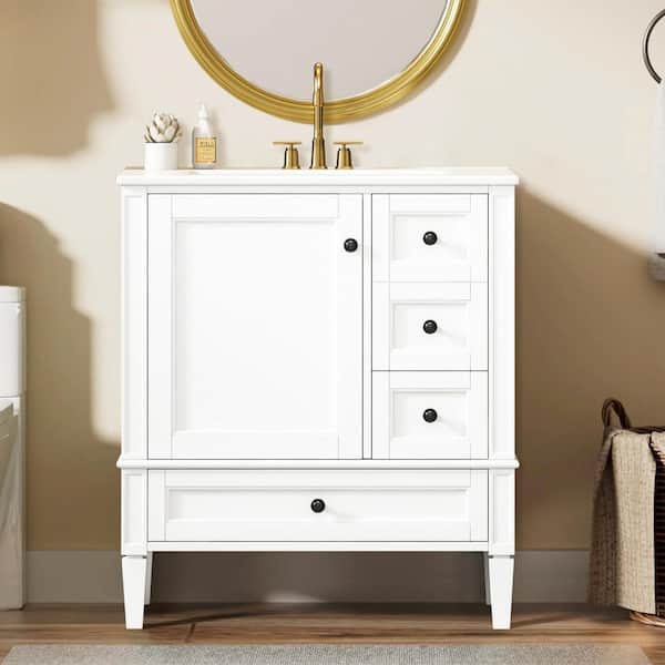30 in. W Single Sink Freestanding White Bath Vanity with White Ceramic Top and 3 Drawers, Unassembled