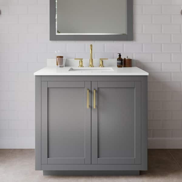 Wyndham Collection Miranda 36 in. W x 22 in. D x 33.75 in. H Single Bath Vanity in Dark Gray with White Quartz Top and 34 in. Mirror