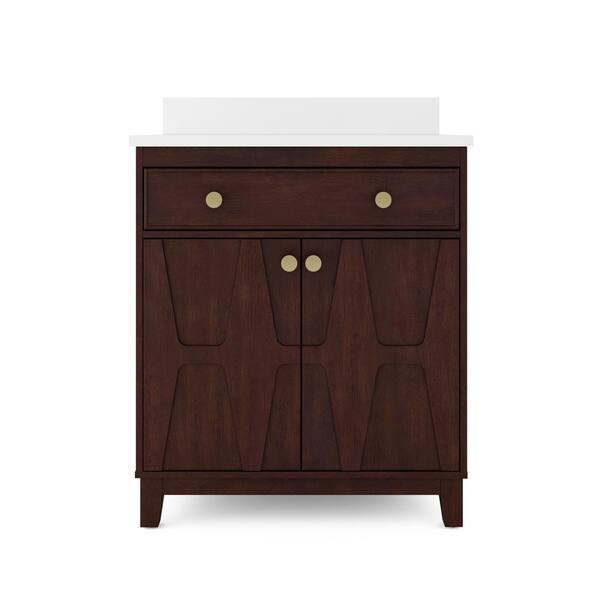 SCOTT LIVING Flaherty 30 in. W x 20 in. D x 34.5in. H Bathroom Vanity in Cherry w/Quartz Vanity Top in White w/White Basin