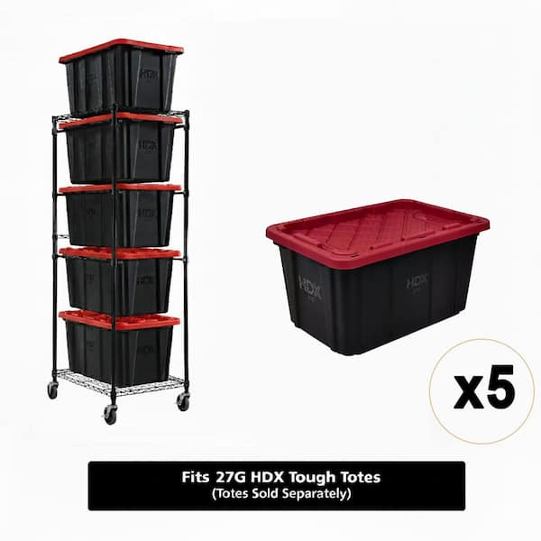 Steel Wire Garage Storage Rack (22 in. x 69 in. x 28.5 in.) and 5-Pack of Red 27 Gal. Totes