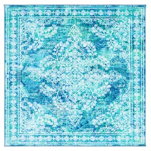 Bahia Blue/Green 7 ft. x 7 ft. Machine Washable Distressed Floral Square Area Rug