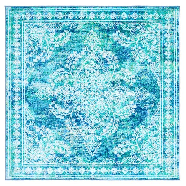 SAFAVIEH Bahia Blue/Green 7 ft. x 7 ft. Machine Washable Distressed Floral Square Area Rug