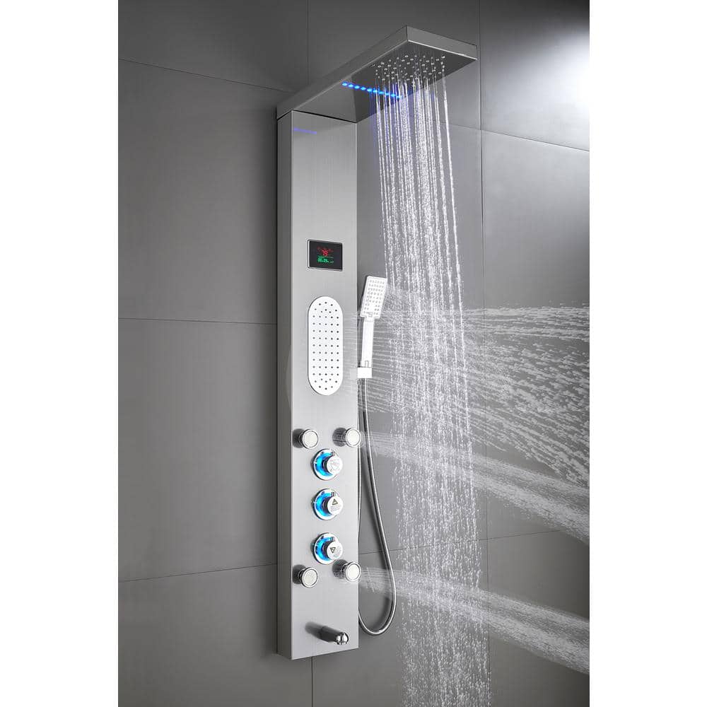 Brushed Nickel LED Shower Panel Tower with Adjustable Jets