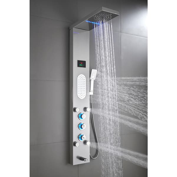55 in. 5-Jet Shower Panel System with LED Rainfall Mist Shower Head Hand Shower Wand and Tub Spout in Brushed Nickel