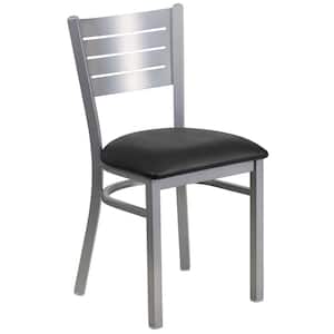 Hercules Series Silver Slat Back Metal Restaurant Chair with Black Vinyl Seat