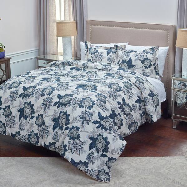 Rizzy Home Ivory/Blue Jacobean Floral Pattern 3-Piece Queen Bed Set