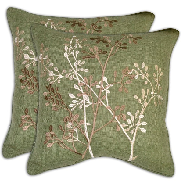 Hampton Bay Green Textured Branches Outdoor Throw Pillow (2-Pack)-DISCONTINUED
