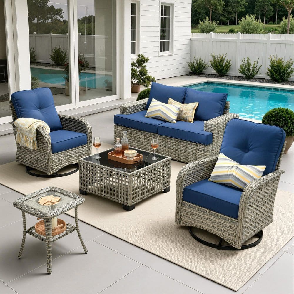 Merritt 6-Piece Wicker Outdoor All-Weather Patio Conversation Sofa Set with Swivel Chairs and Navy Blue Cushions price history on PriceWatchPro