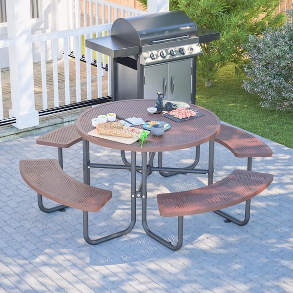 46 in. Brown Round Steel Picnic Table Seats 4-8 People with Umbrella Hole