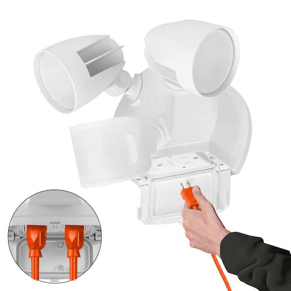 White Motion Sensing Outdoor 2-Head Integrated LED Metal Security Flood Light 3500 Lumens with 2-Integrated GFCI Outlets