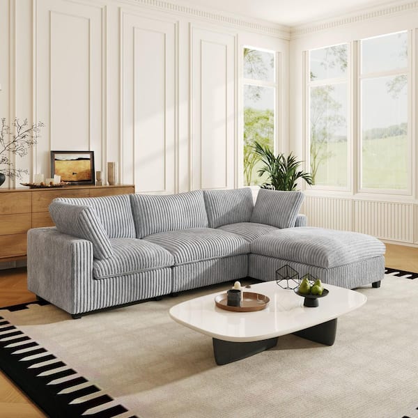 118.1 in. Rabbit Plush Fabric Square Arm 4-Piece Modular Free Combination Sectional Sofa in Gray