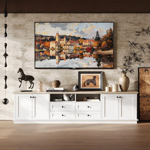 White Wood TV Stand Entertainment Center Fits TV's up to 95 in. with 4 Drawers, 6 Shelves and 2 Open Storage Cubbies