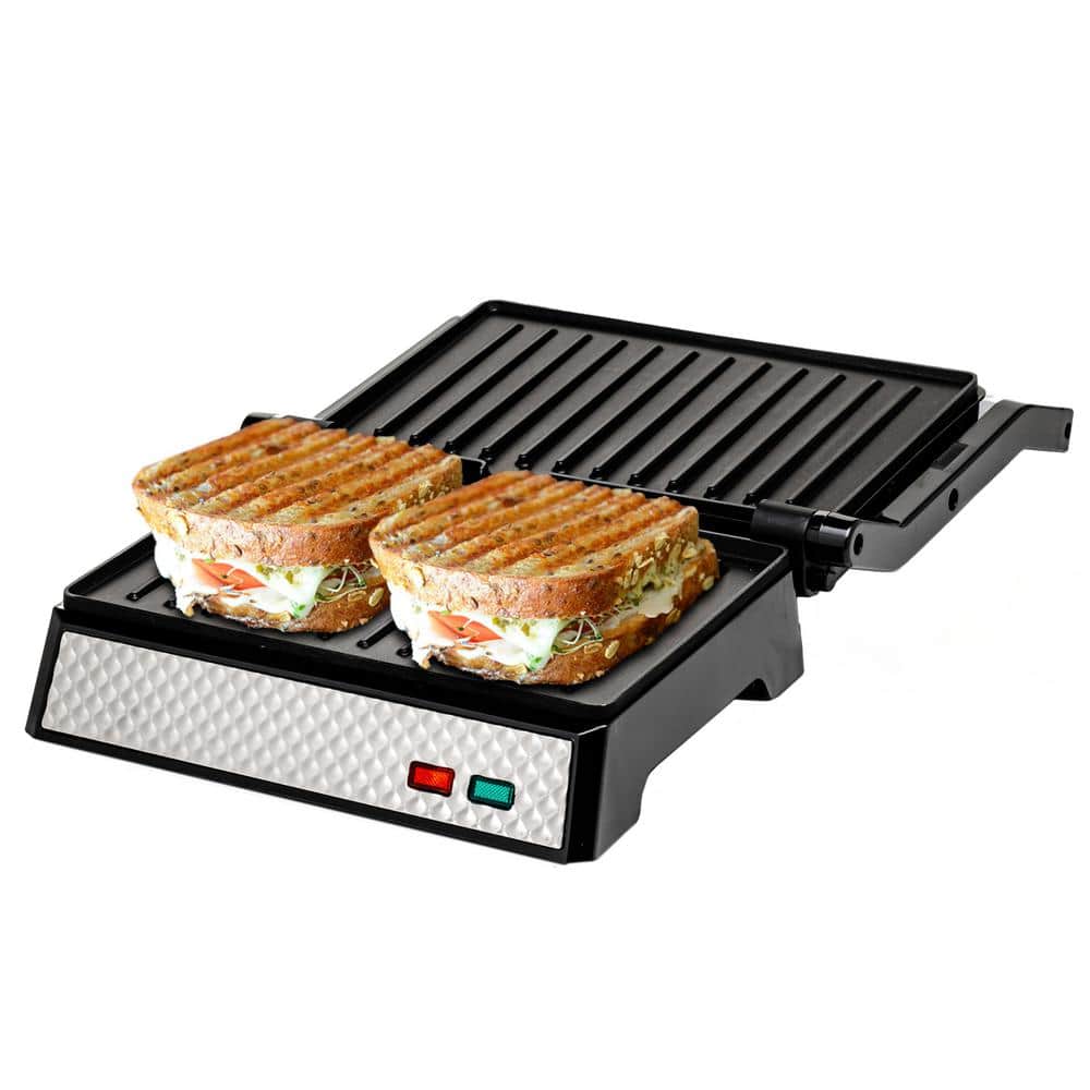 ovente electric indoor panini press grill and sandwich maker with non-stick coated plates  cool-touch handle and removable drip tray  opens 180 degrees to fit any type or size of food  silver gp0540br