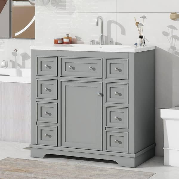 Ziyudura 36 in. Single Sink Freestanding Gray Bath Vanity with White Ceramic Top, One Cabinet and Six Drawers
