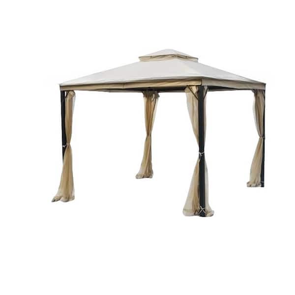 Unbranded 10' x 10' Softtop Metal Outdoor Gazebo, Sturdy Heavy Duty Double Roof Canopy with Mosquito Net and Sunshade Curtains