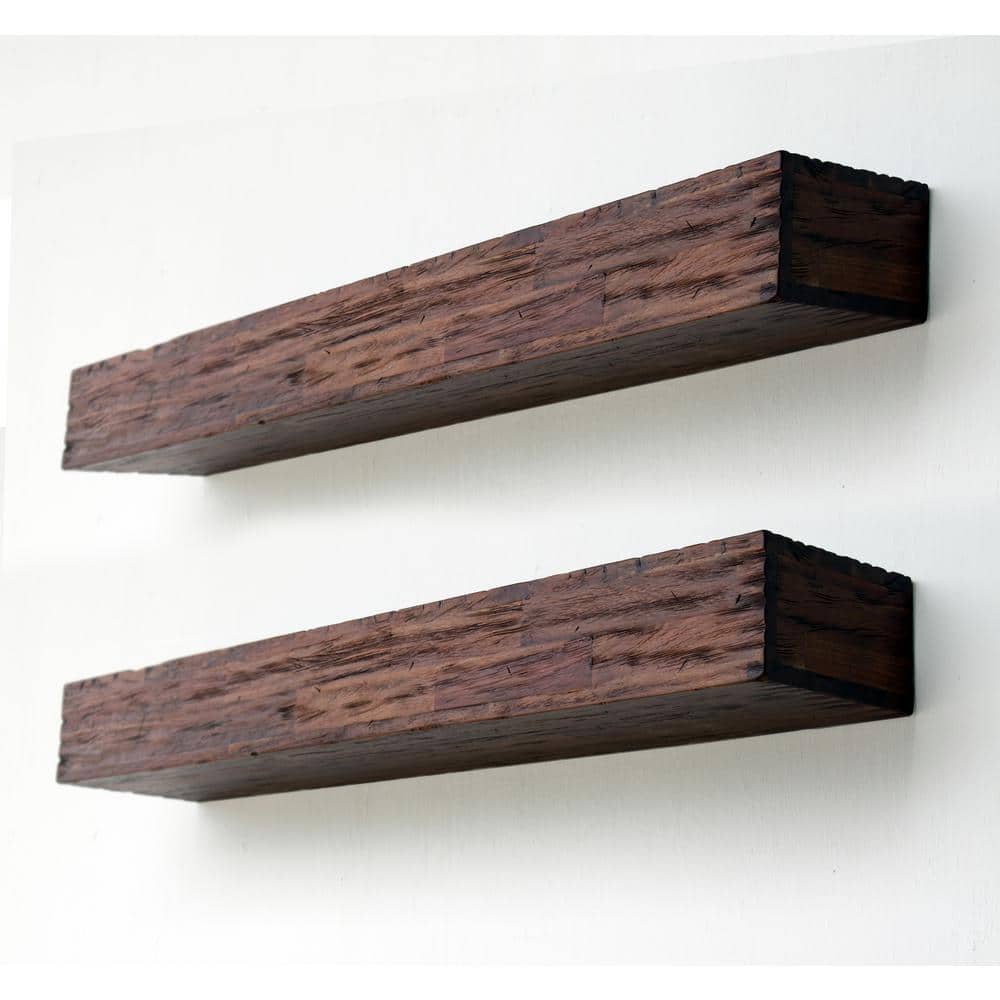 24" Brown Hardwood Floating Wall Mantel Shelves, Set of 2