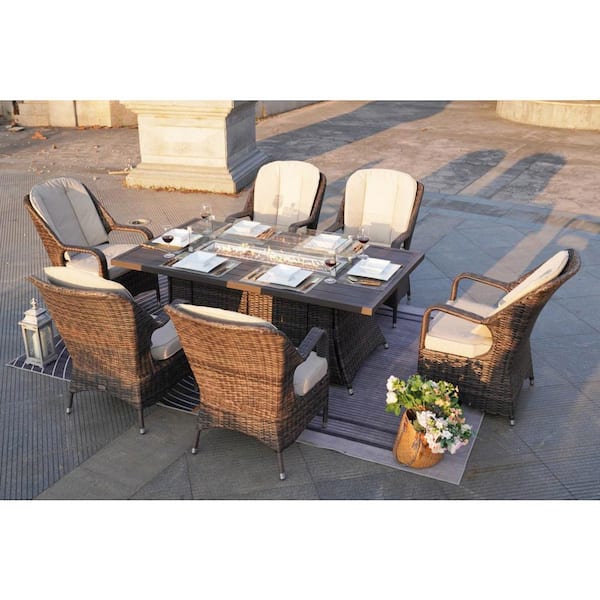 moda furnishings Chris Brown 7-Piece Wicker Aluminum Tabletop Rectangular Outdoor Gas Fire Pits Sectional Seating Set with Beige Cushion