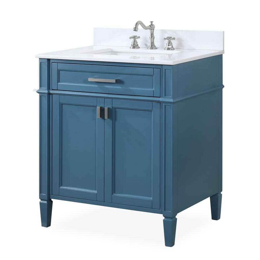 30'' Teal Blue Birch Single Vanity with Quartz Top