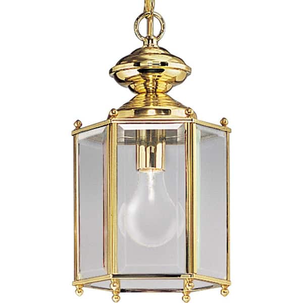 Progress Lighting 1-Light Polished Brass Clear Beveled Glass Traditional Outdoor Hanging or Flush mount Convertible Lantern Light