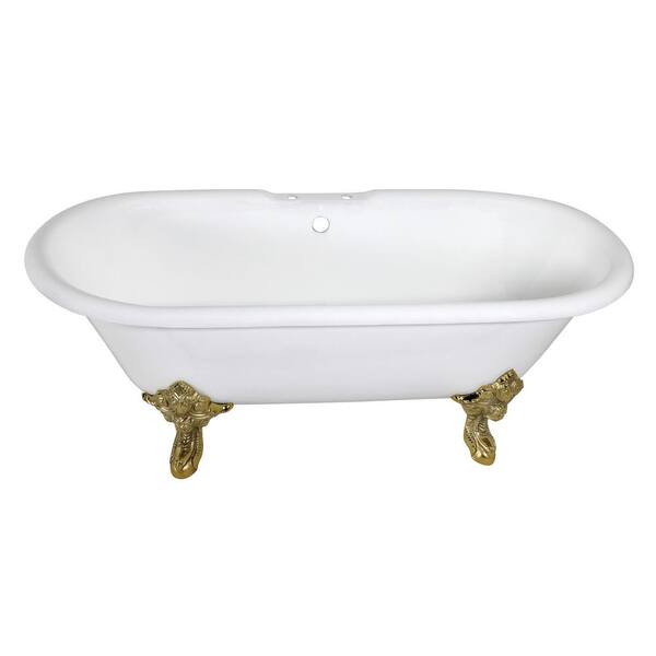 Kingston Brass Aqua Eden 72- in. Cast Iron Double Ended Clawfoot Bathtub with 7-Inch Faucet Drillings in White/Polished Brass
