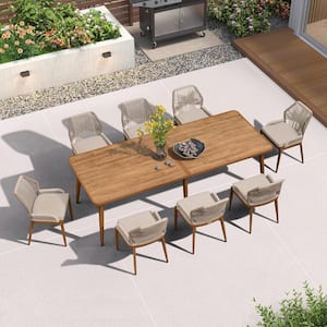 9-Piece Aluminum Outdoor Dining Set Teak Patio Furniture Set Wicker Table and Chairs with Cushions