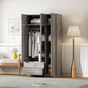 3-Door Gray 41.3 in. Wardrobe with 2-Drawers, Top Cabinet and Dressing Mirror