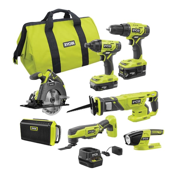 RYOBI ONE+ 18-Volt Cordless 6-Tool Combo Kit with Bluetooth Speaker, (2 ...