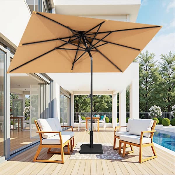 10 ft. x 6.5 ft. Rectangular Metal Market Crank and Tilt Patio Umbrella in Tan with 45 lbs. Concrete Wheeled Base
