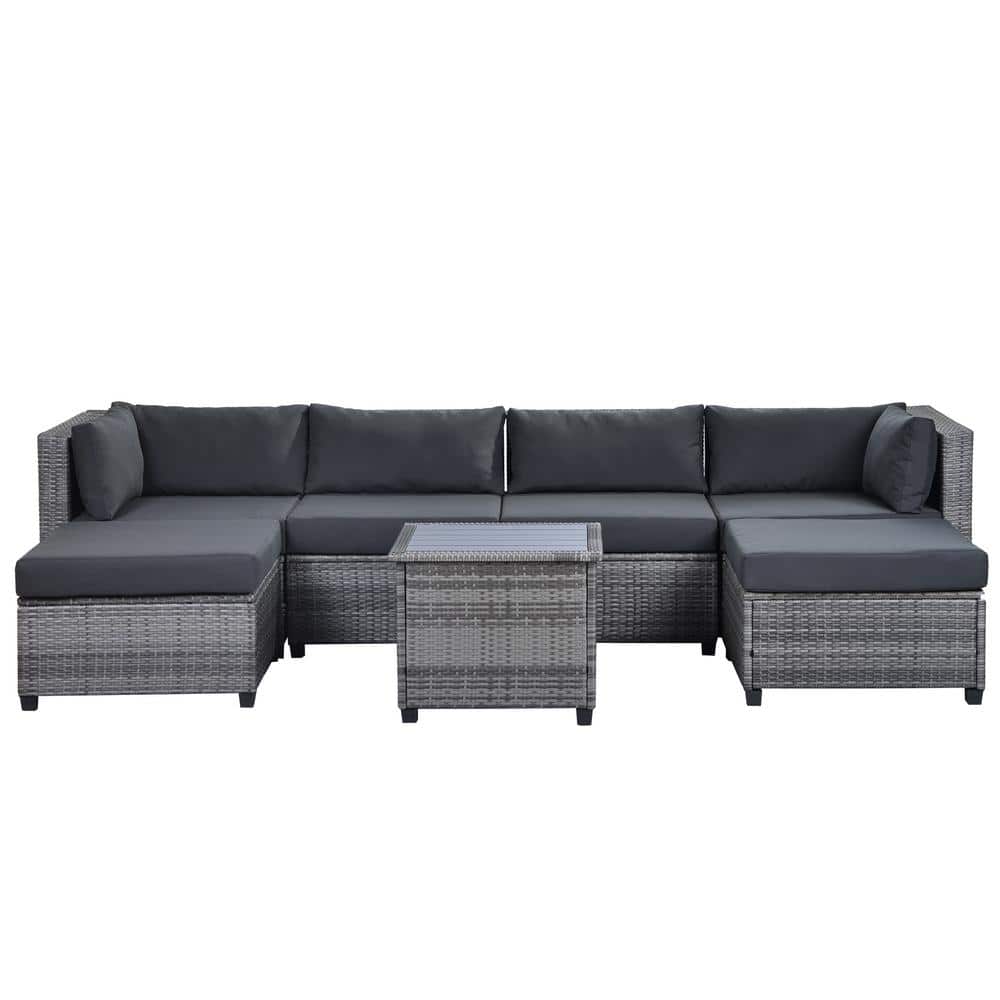 Gray 7-Piece Wicker Patio Conversation Sets with Gray Cushions