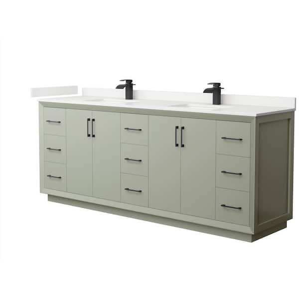 Wyndham Collection Strada 84 in. W x 22 in. D x 35 in. H Double Bath Vanity in Light Green with White Quartz Top