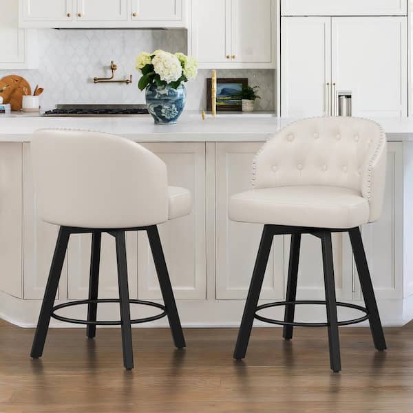 LUE BONA Arturo 26 in.White Faux Leather Upholstered Swivel Bar Stool with Metal Frame Nailhead Counter Barstool Set of 2