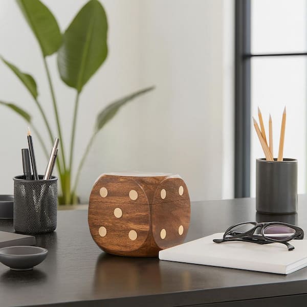 Brown 4 in. Mango Wood Dice Box Game Set With Dice Inside
