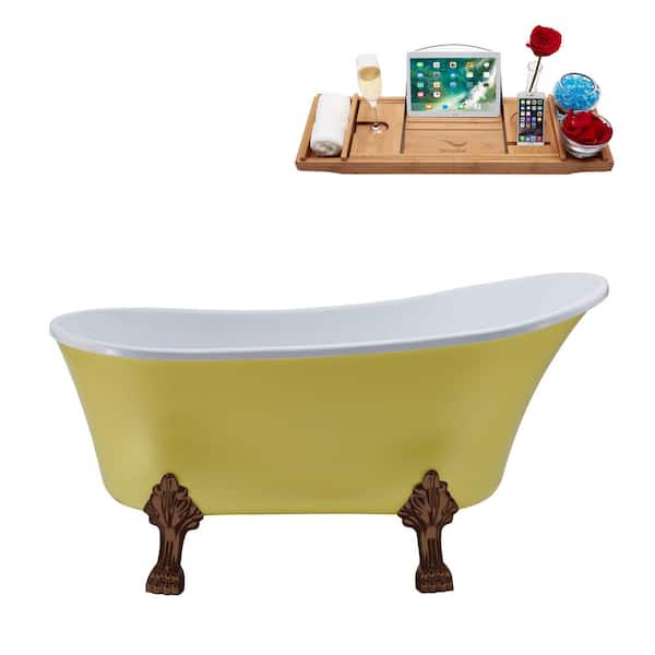 Streamline 55 in. x 26.8 in. Acrylic Clawfoot Soaking Bathtub in Matte Yellow with Matte Oil Rubbed Bronze Clawfeet and Pink Drain