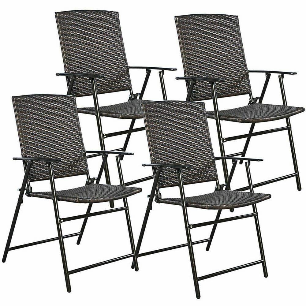 Brown Wicker Folding Outdoor Dining Chairs with Steel Frame, Set of 4