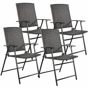 Brown Rattan Metal Frame Folding Chair Furniture Outdoor (Set of 4)