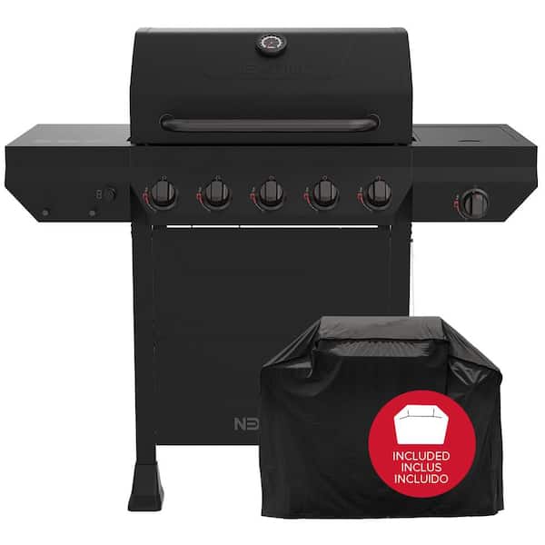 5 Burner Liquid Propane Gas Grill with Side Burner in Black with PVC Cover Bundle