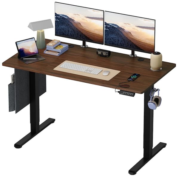 55.12 in. Rectangular Dark Walnut Wood Sit to Stand Desk with 3 Height Memory Presets and USB Port
