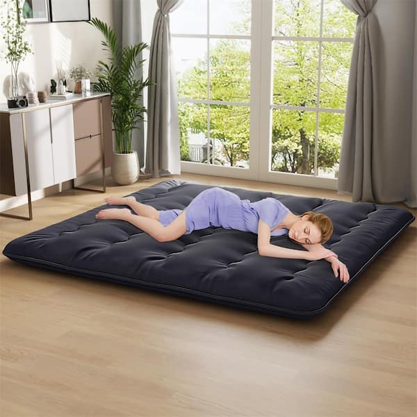 80 in. Black Fabric King Futon Mattress Japanese Floor Sleeping Pad Washable Cover Carry Bag