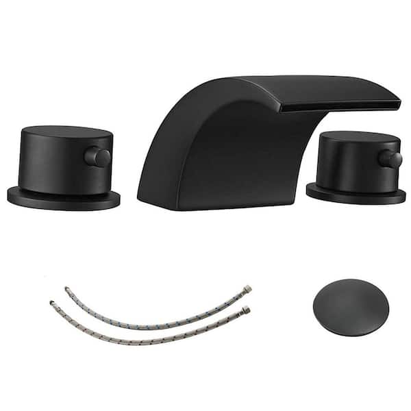 Unbranded 8 in. Widespread Double Handle LED Bathroom Faucet with Pop-Up Drain 3-Hole Waterfall Bathroom Sink Taps in Matte Black