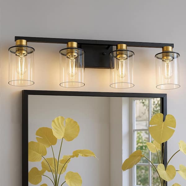 27 in. 4-Light Black and Gold Bathroom Vanity Light Fixtures Over Mirror with Clear Glass Shades for Bathroom