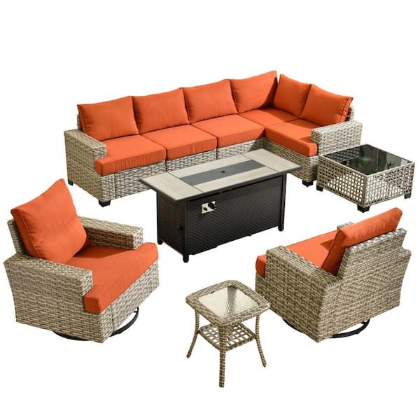 Torino Gray 10-Piece Wicker Outdoor Patio Conversation Sofa Sectional Set with a Metal Fire Pit and Orange Red Cushions
