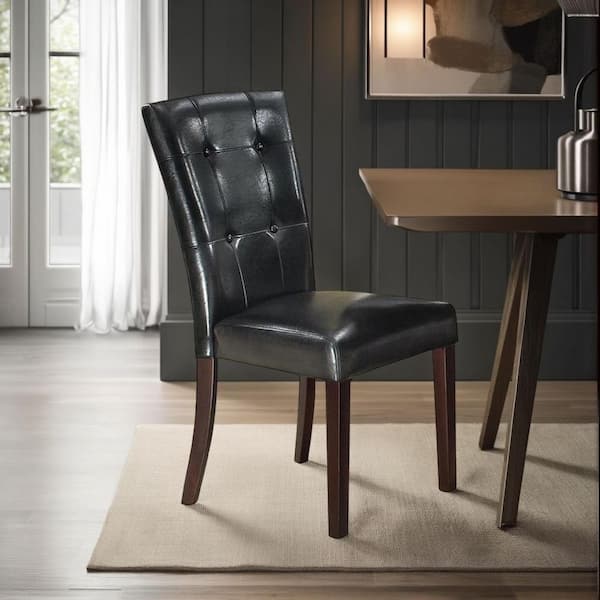 Leather Upholstered Black Dining Chair with Button Tufted Back (Set of 2)