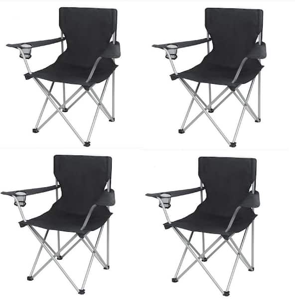 (4 PACK) Basic Quad Folding Camp Chair with Cup Holder, Black