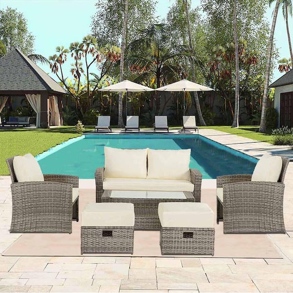 Zeus & Ruta 6-Piece Light Gray Wicker Outdoor Patio Sectional Sofa Conversation Set with Beige Cushions and 1 Coffee Table