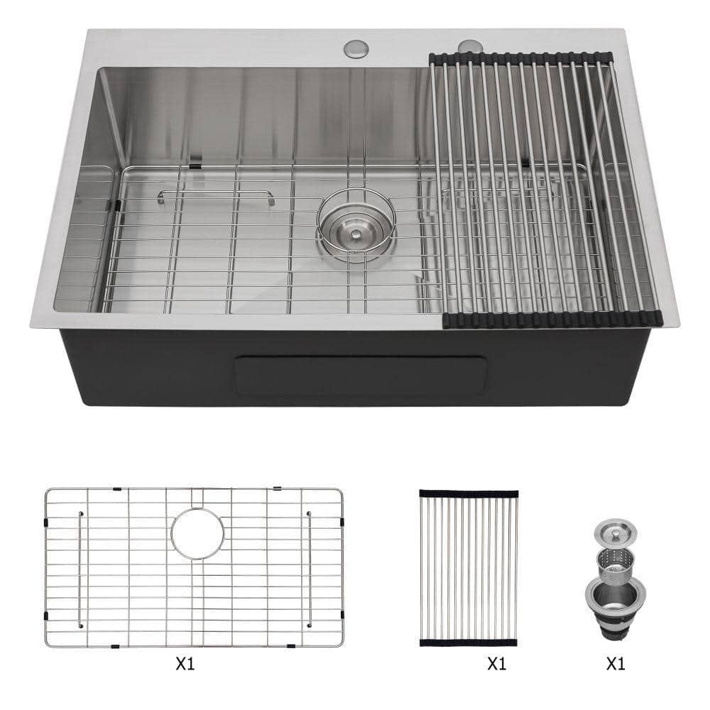Brushed Nickel 16 Guage Stainless Steel 33 in. Single Bowl Drop-In Workstat