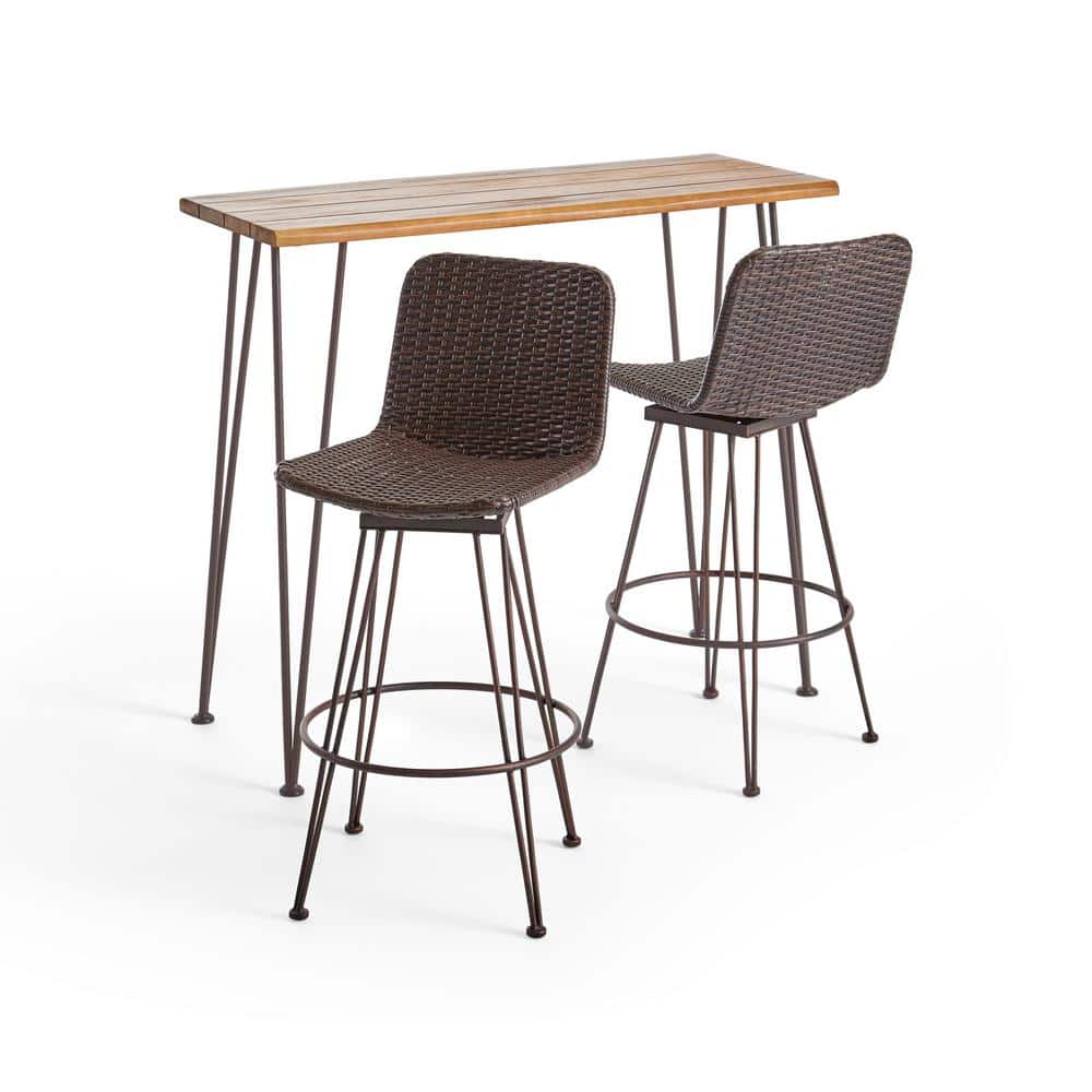 Teak Brown Wood and Metal Bar Set with Wicker Chairs