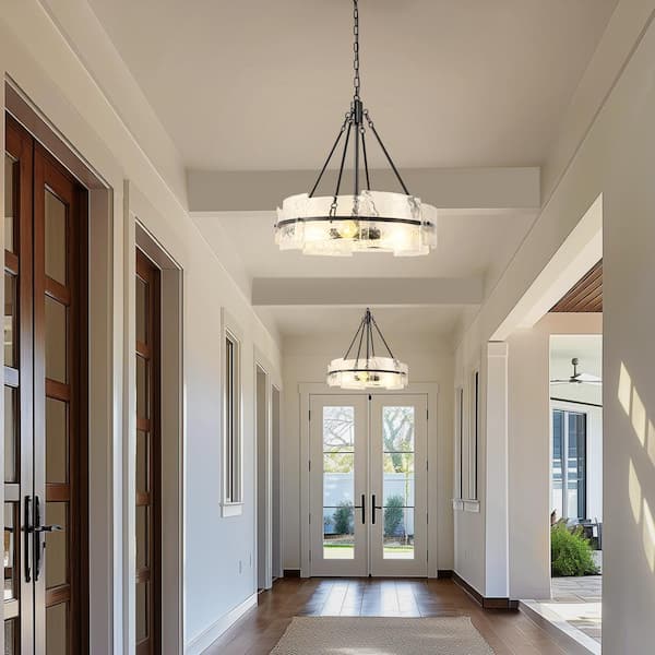 22 in. 4-Light Black Modern Farmhouse Pendant Light with Textured Clear Glass for Kitchen Island, Dining Room, Hallway