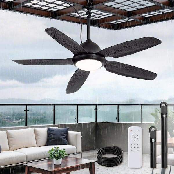 52 in. Black Downrod Mount Waterproof Wet Rated Standard Outdoor Ceiling Fan with LED Light 6-Speed with Remote