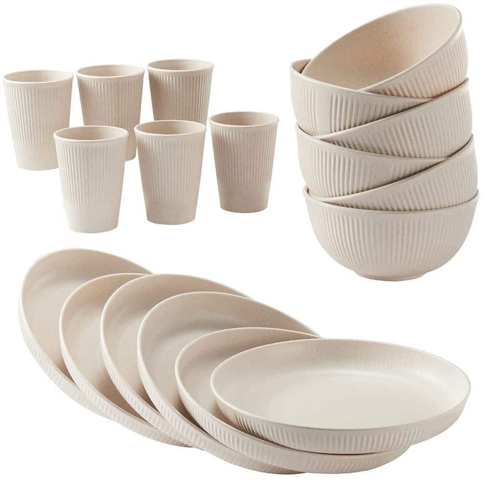 18-Piece Beige Wheat Straw Dinnerware Sets, Unbreakable Reusable Dinnerware Set Kitchen Cups Plates Sets, Service for 6 price history on PriceWatchPro