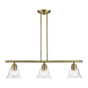Moreland 3-Light Antique Brass Linear Chandelier with Clear Glass Shades